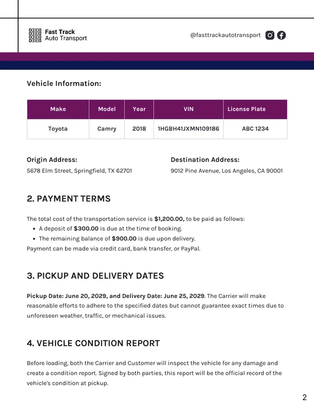 Auto Transport Contract Template - Page 2