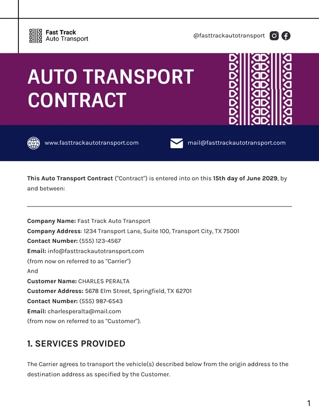 Auto Transport Contract Template - Page 1