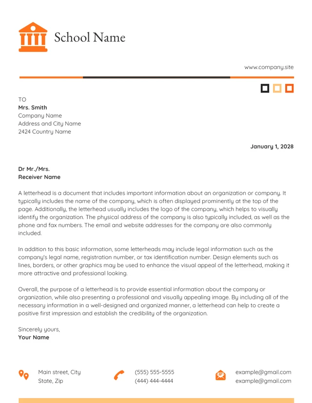 White And Orange Minimalist School Letterhead  Template
