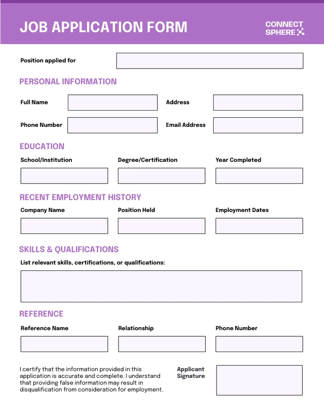 Purple and White Simple Job Application Form Template