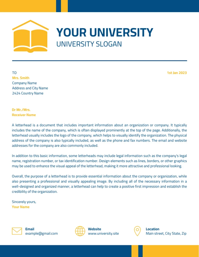 Yellow And Blue Modern Professional University Letterhead Template
