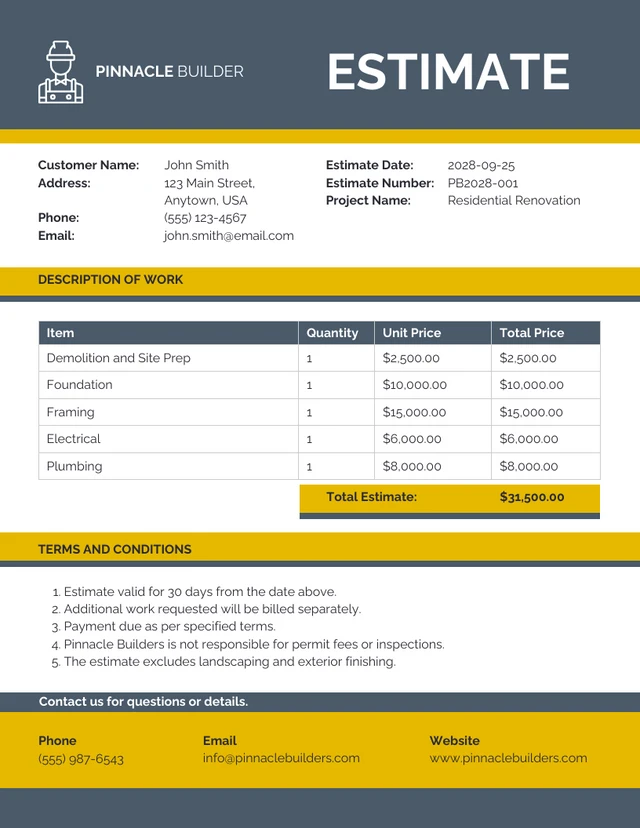 Simple Yellow Blue Construction Estimate  Template