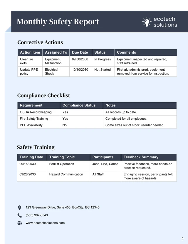 Monthly Safety Report Template - Page 2