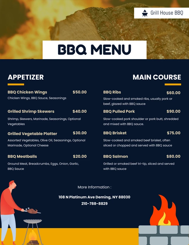 Dark blue and yellow simple modern bbq menu Template