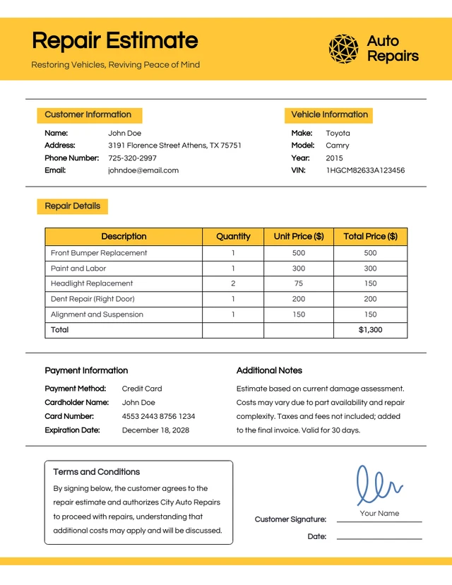 Simple Yellow Repair Estimate Template