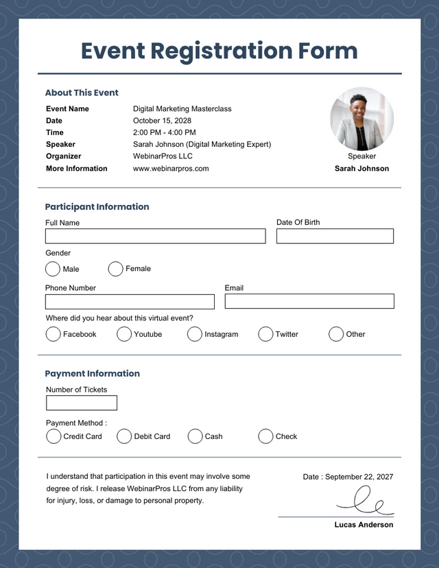 Dark Blue Minimalist Event Registration Forms Template