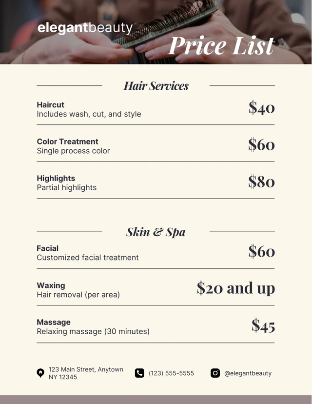 Simple Professional Beige Beauty Salon Price Lists Template