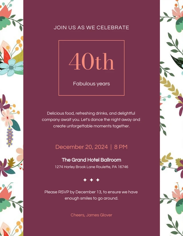 Maroon Floral 40Th Birthday Invitation Template