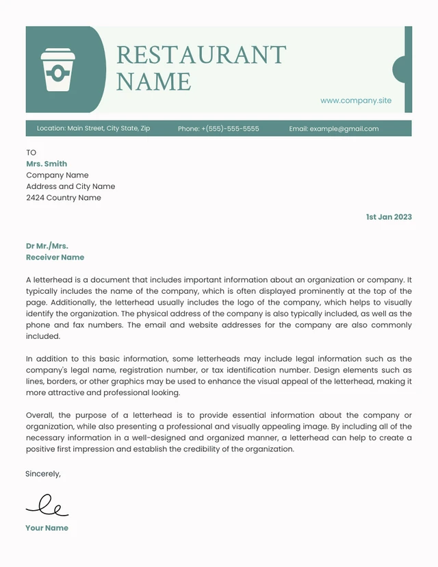 White And Green Pastel Modern Restaurant Letterhead Template
