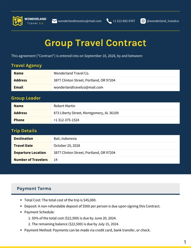 Group Travel Contract Template - Page 1