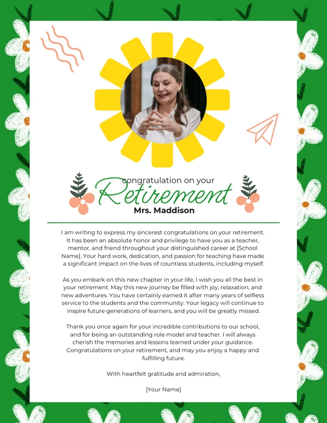 Green and Yellow Retirement Letter Card Template
