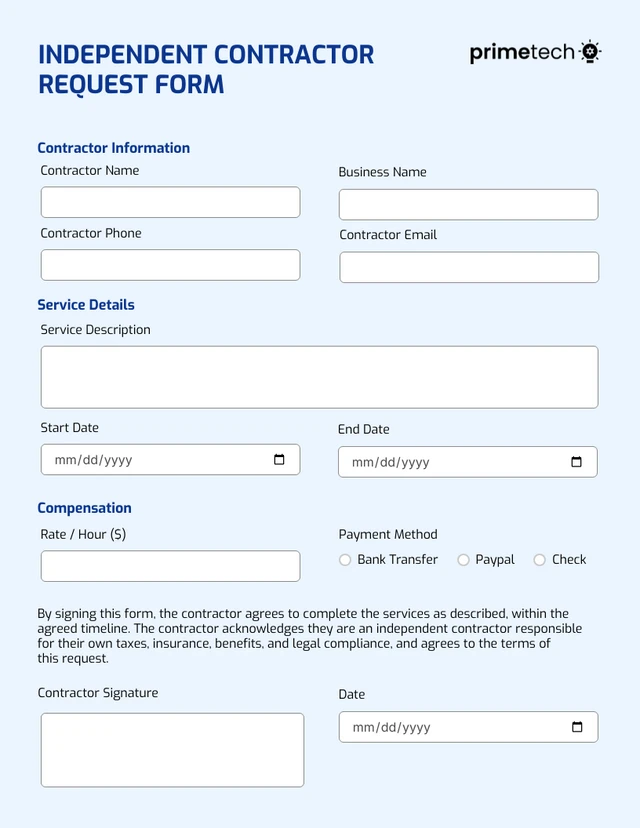 Simple Blue and Navy Contractor Forms Template