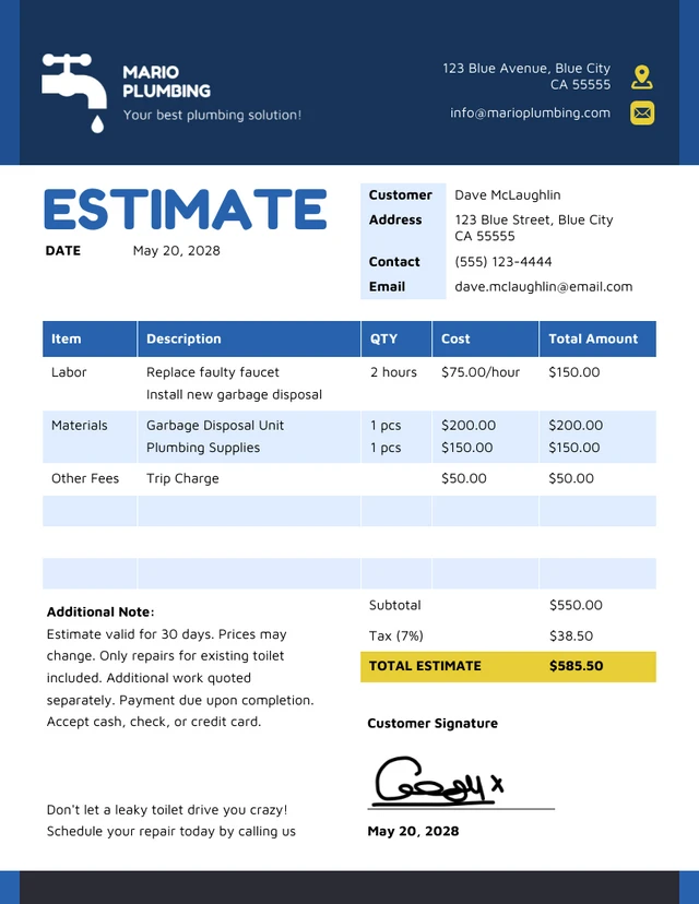 Plumbing Estimate Template