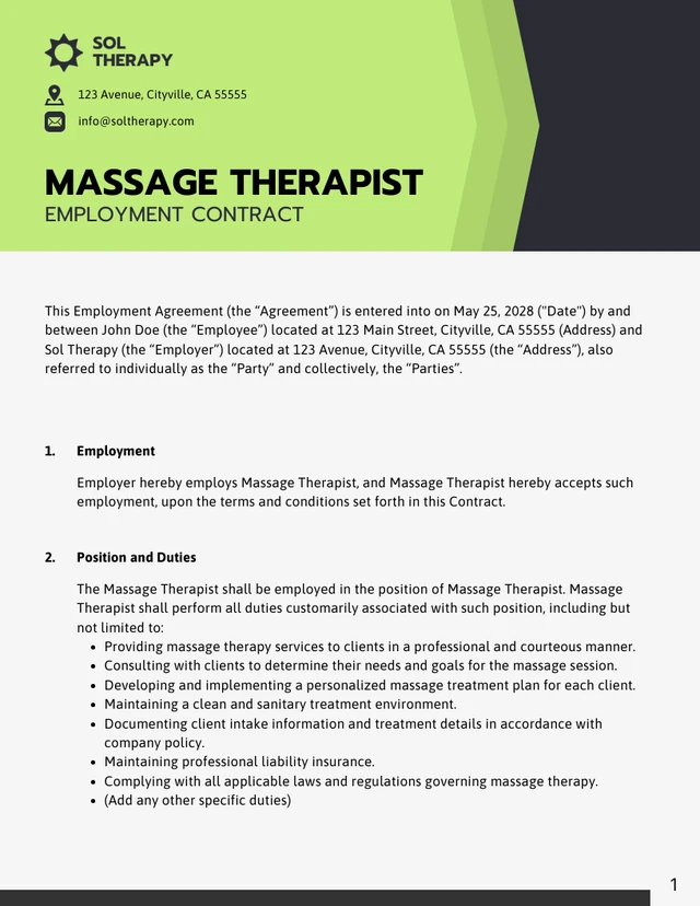 Massage Therapist Employment Contract Template - Page 1