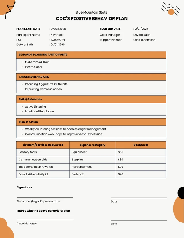 Professional Orange and Black CDC'S Positive Behavior Plan Template