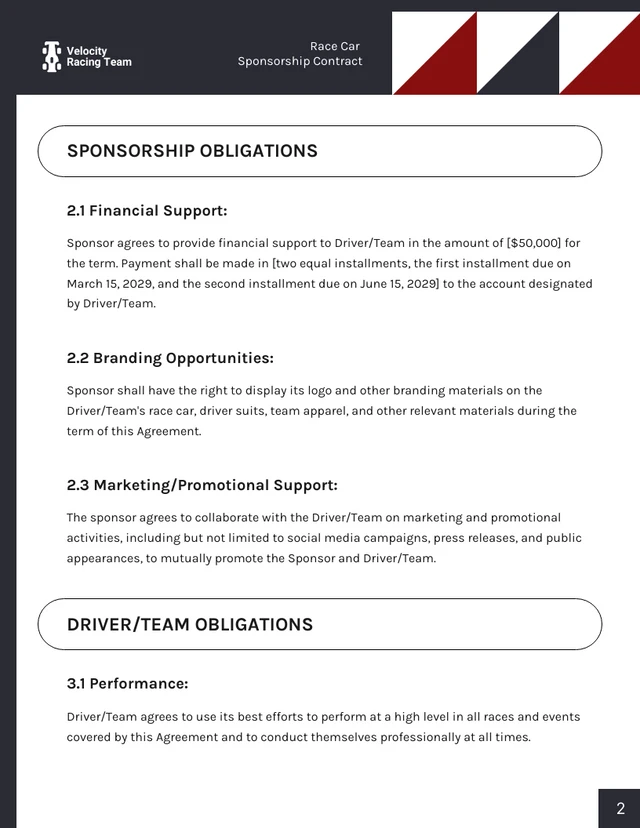 Race Car Sponsorship Contract Template - Page 2