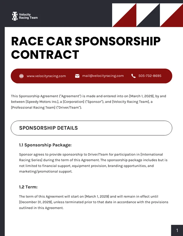 Race Car Sponsorship Contract Template - Page 1