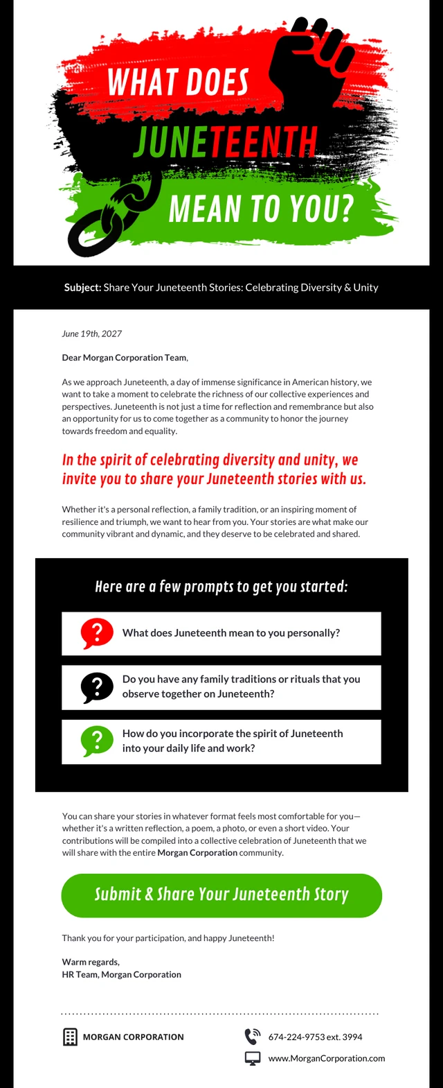 Juneteenth Email Newsletter for Employee Participation Template