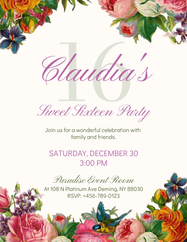 Beige Aesthetic Floral Birthday Sweet 16 Invitation Template