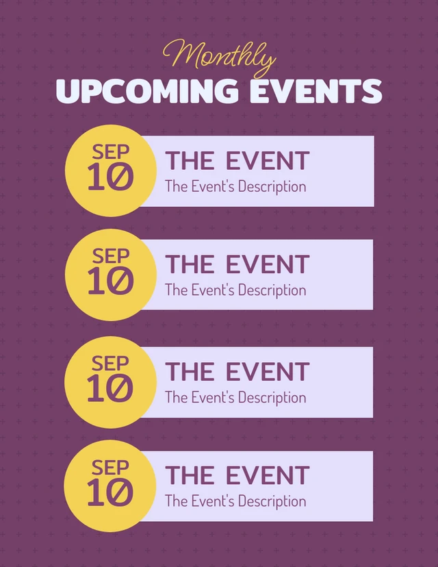 Purple Simple Monthly Upcoming Events Schedule Template