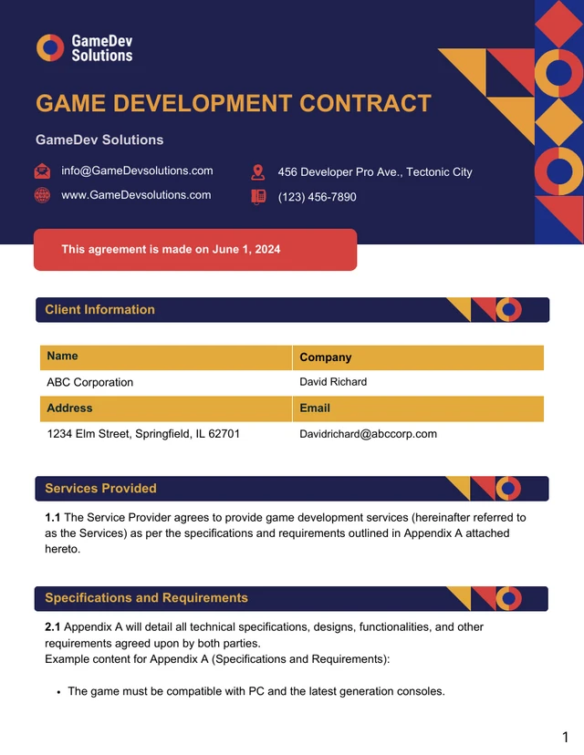 Game Development Contract Template - Page 1