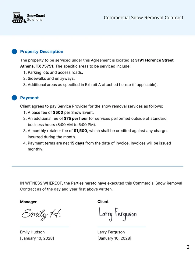 Commercial Snow Removal Contract Template - Page 2