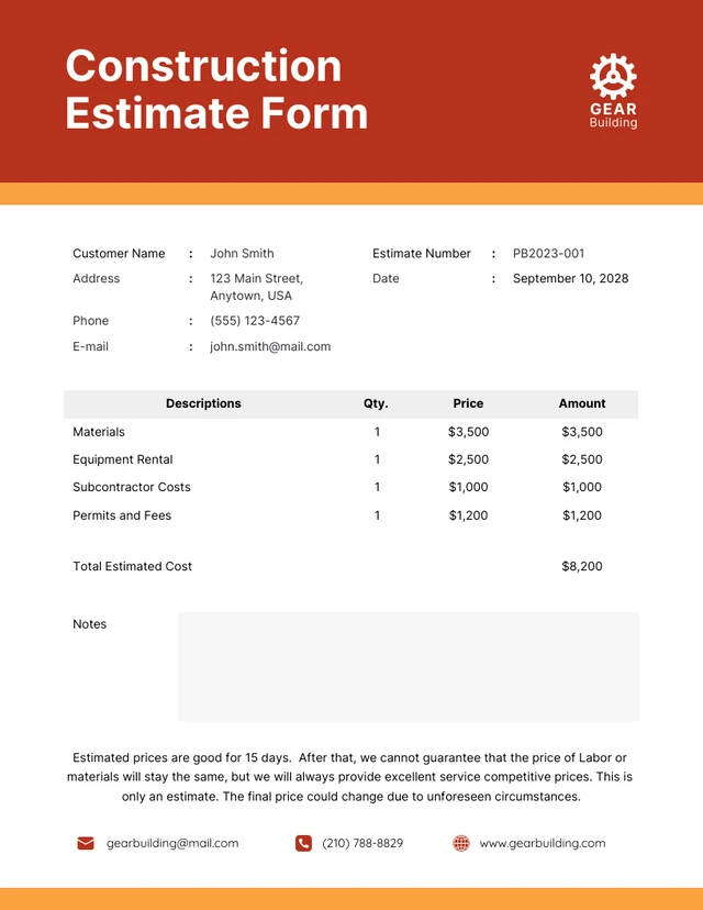 Red Orange Construction Estimate Template