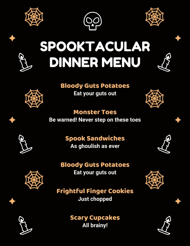 Black Modern Playful Illustration Halloween Dinner Menu Template