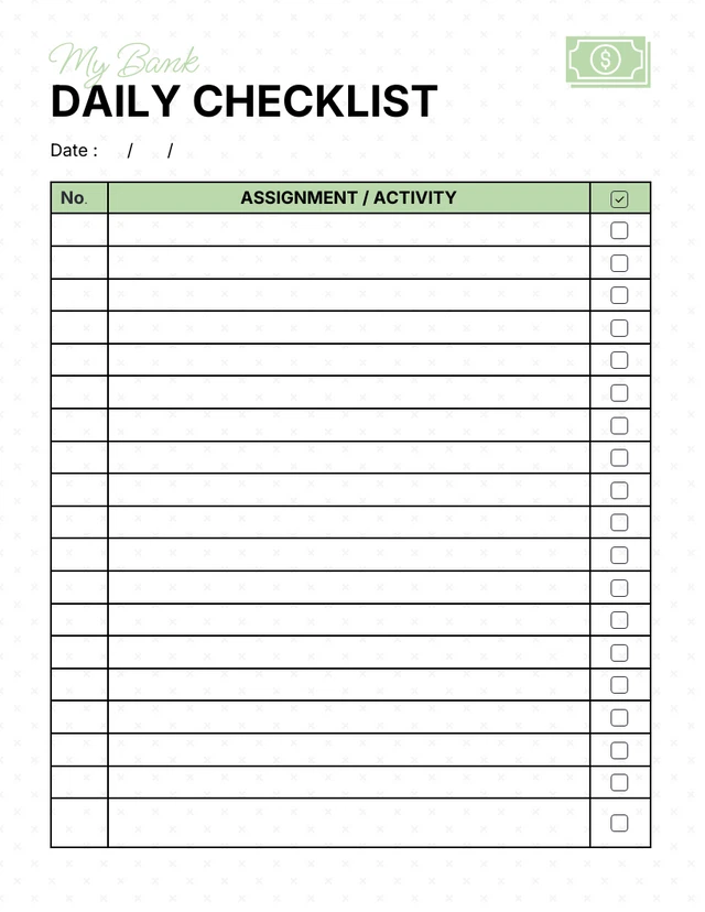 White And Light Green Minimalist Daily Bank Checklist