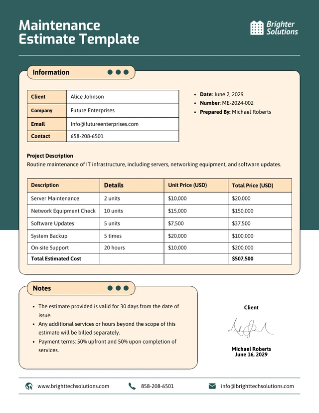 Maintenance Estimate Template