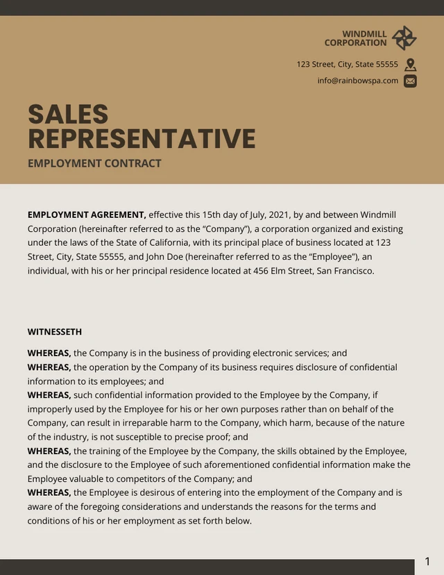 Sales Representative Employment Contract Template - Page 1