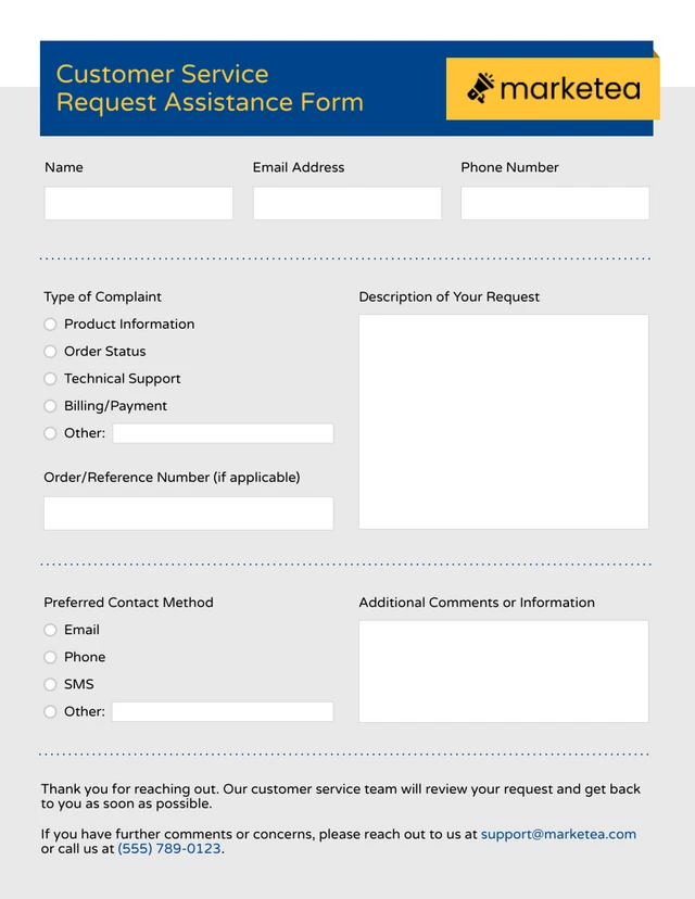 Blue and Yellow Minimalist Customer Service Form Template