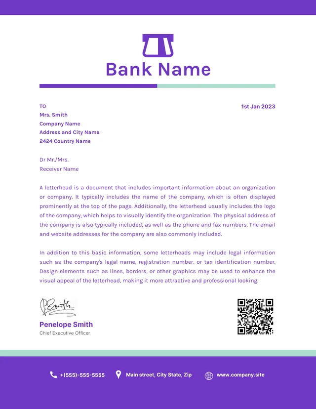 White And Purple Minimalist Bank Company Letterhead Template
