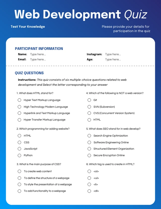 Modern Gradient Blue Quiz Form Template