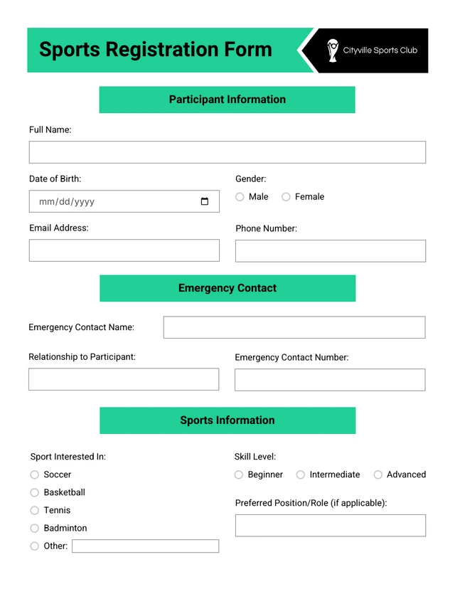 Sports Registration Form Template