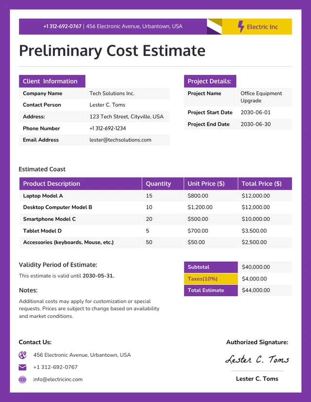 Preliminary Cost Estimate Template