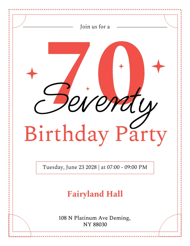 White, Black And Red Minimalist 70Th Birthday Party Invitations Template