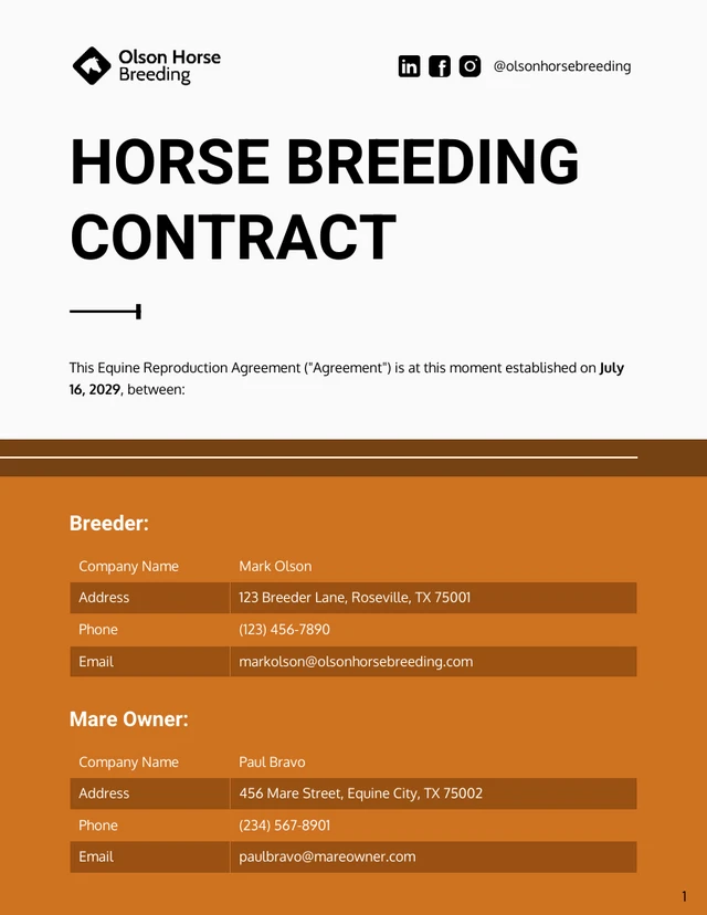 Horse Breeding Contract Template - Page 1