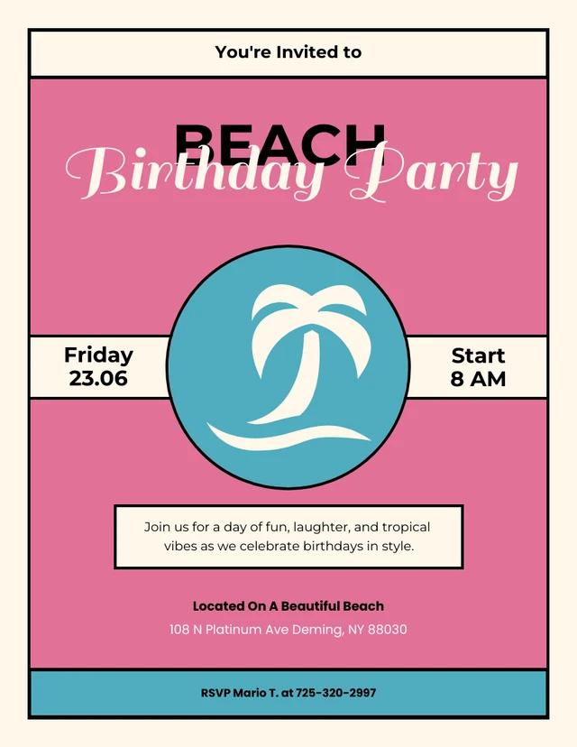 Modern Pink And Ocean Blue Beach Birthday Party Invitations Template