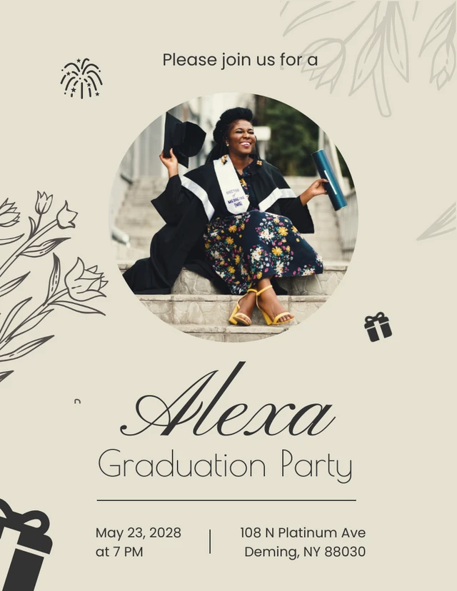 Floral Beige Minimalist Graduation Invitation Template