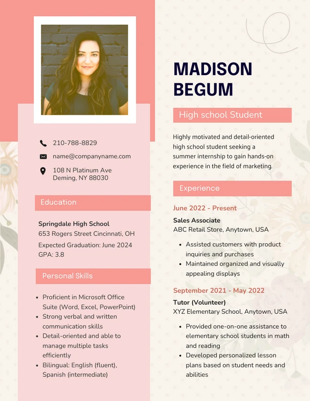 Pink Flowers High School Resume Template
