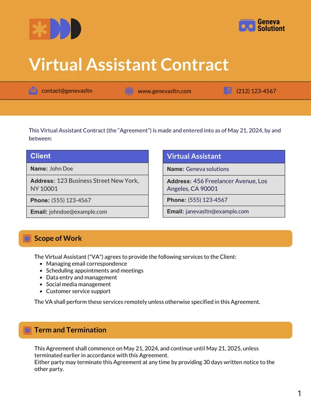 Virtual Assistant Contract Template - Page 1