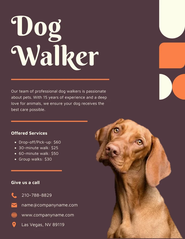 Geometric Purple and Orange Dog Walker Flyer Template
