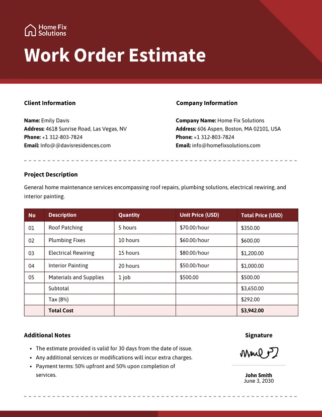 Work Order Estimate Template