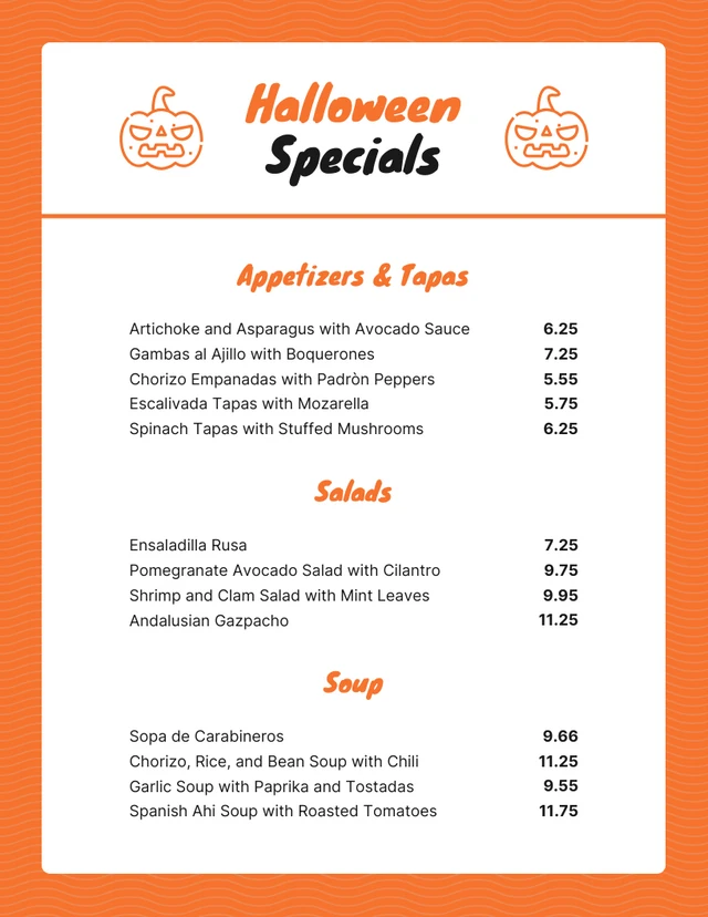 Orange And White Simple Halloween Menu Template