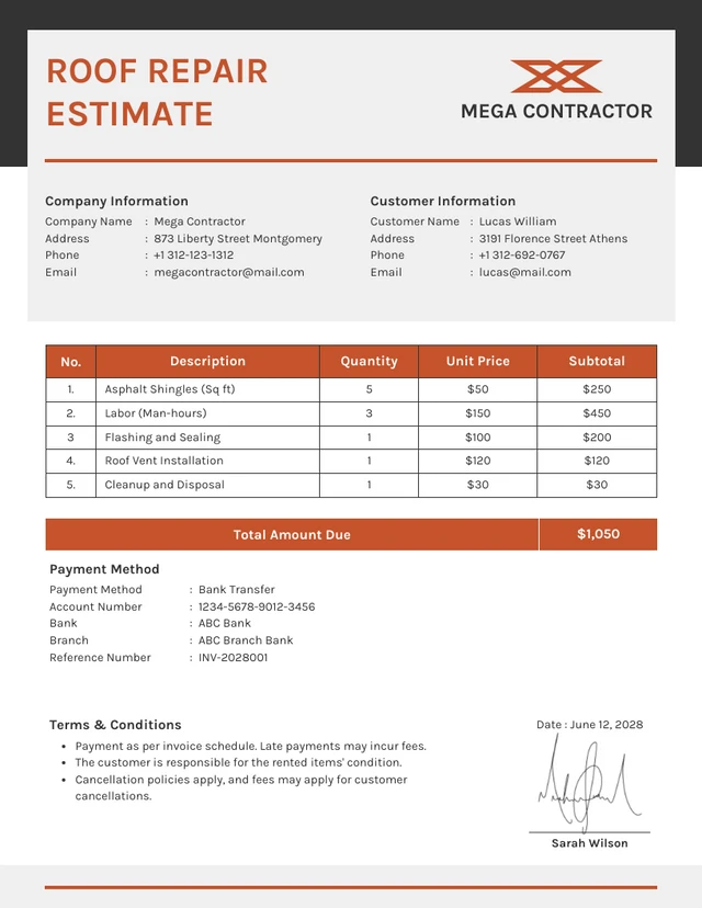 Gray and Orange Minimalist Roof Estimate Template