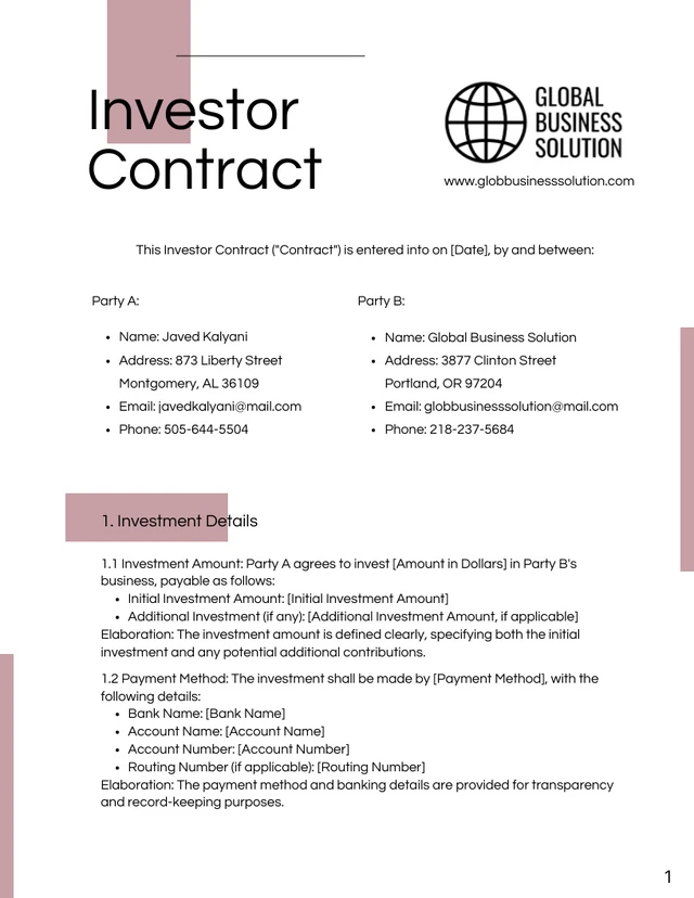 Dark Purple Investor Contract Template