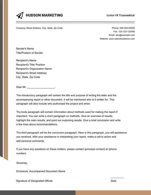 Professional Brown and Gray Transmittal Letter Template