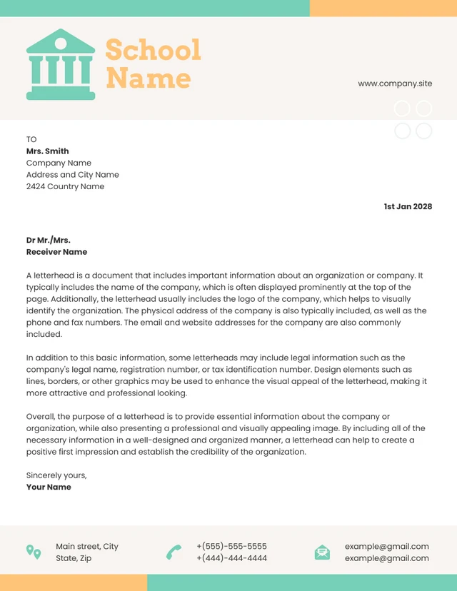 Pastel Color Minimalist Formal School Letterhead Template
