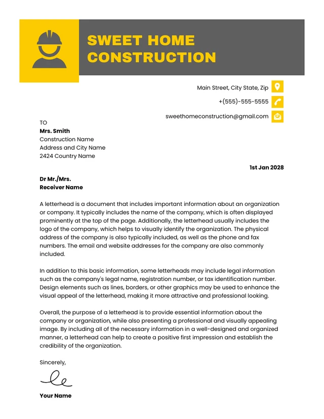 Dark Grey And Yellow Simple Construction Letterhead Template
